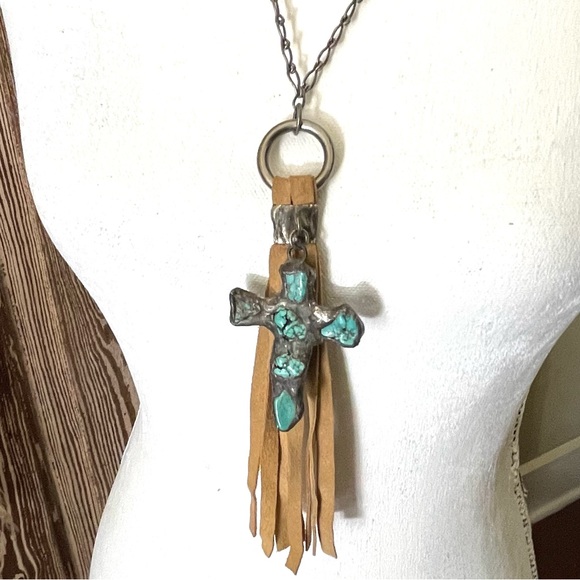 NEW Jamie Dietrich Silver Turquoise Cross Tan Tassel Stainless Steel Necklace - Picture 7 of 14